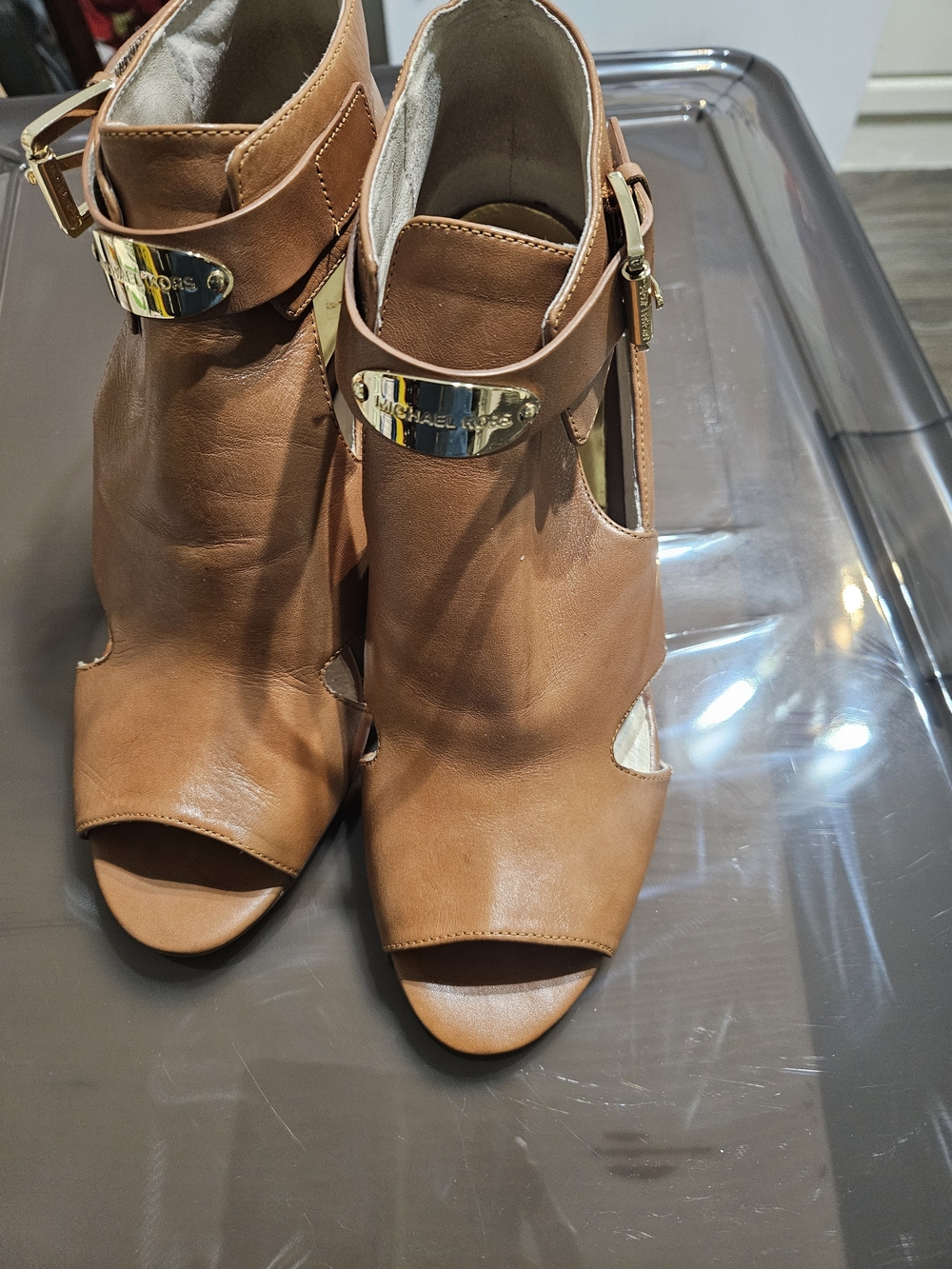 Michael Kors Cognac Peep-Toe Ankle Booties with Gold Plate